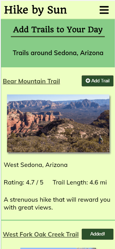 Screenshot of Hike by Sun's trail results